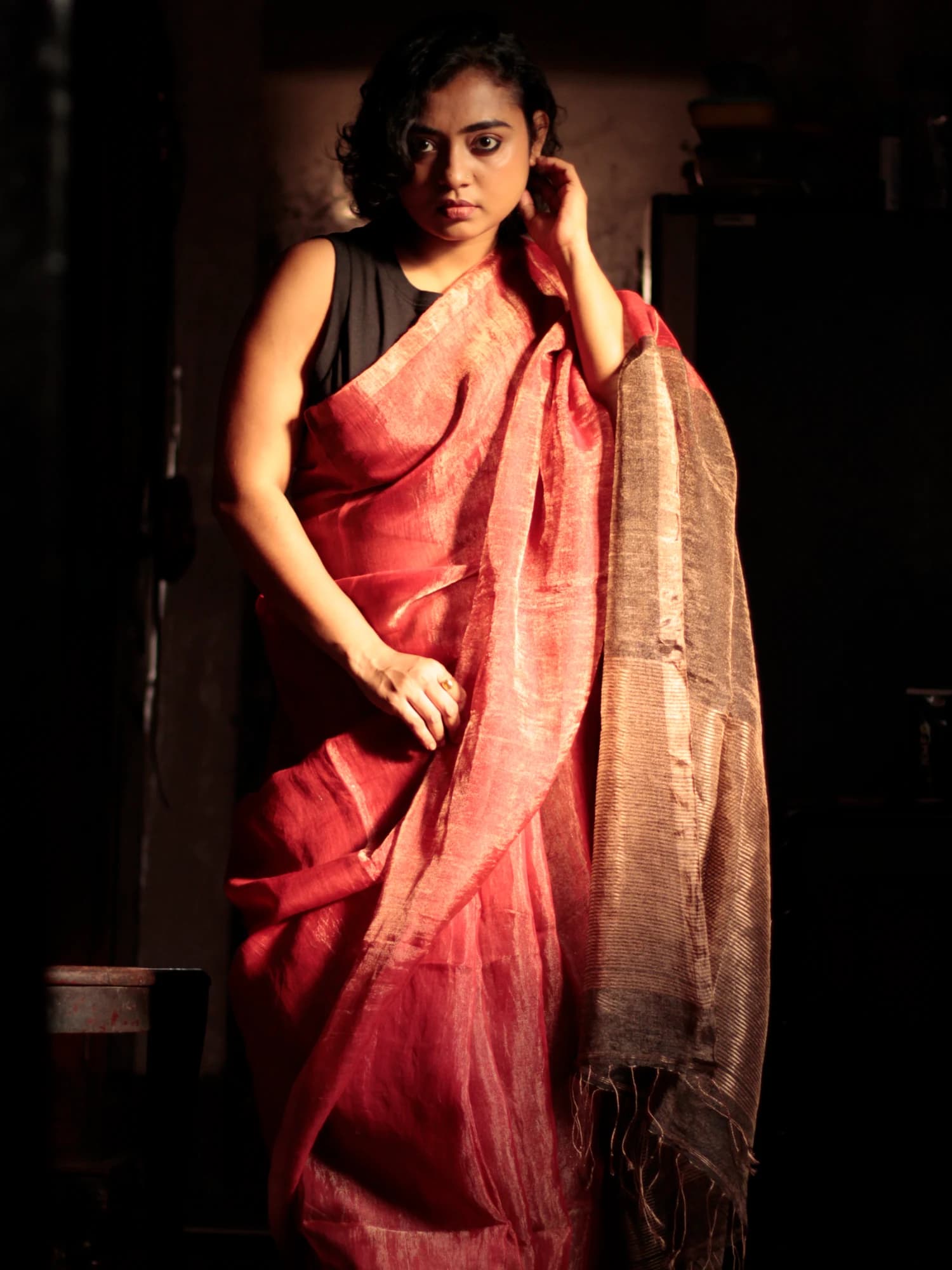 Junk Lea Metallic Rust Red Brown Tissue Linen Saree